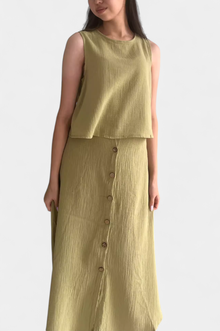 Nadia Casual Cotton Ensemble with Center Button Detail and Midi Skirt