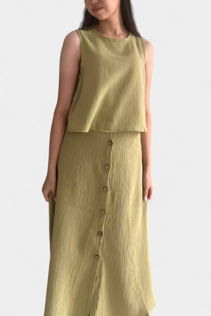 Nadia Casual Cotton Ensemble with Center Button Detail and Midi Skirt