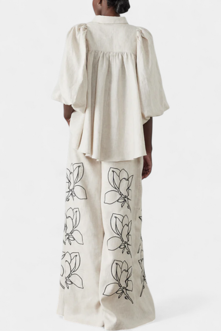 Miranda Puff Sleeve Blouse & Wide-Leg Floral Linen Pants Set