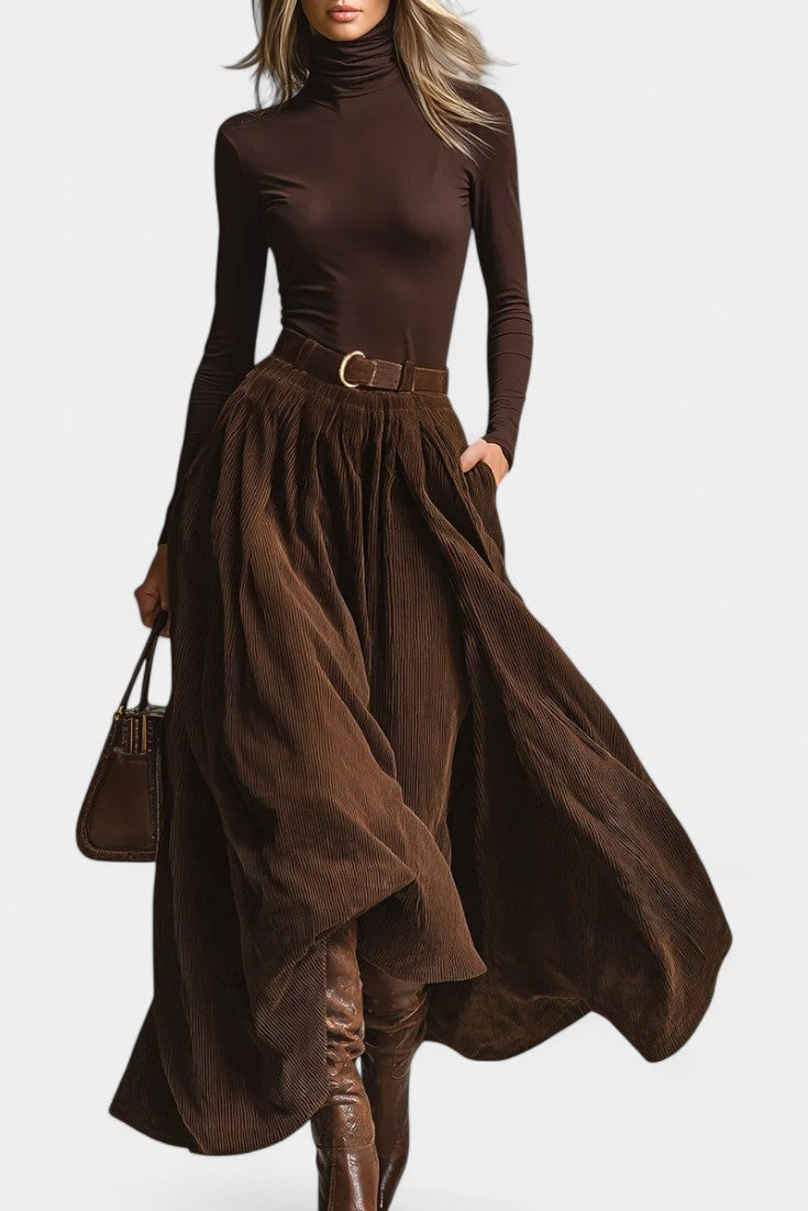 Olimpia Dark Brown Turtleneck Ensemble with Corduroy Skirt