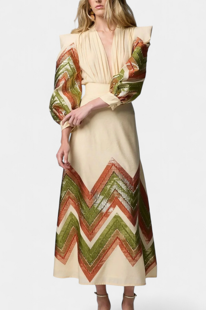 Laura Puff Sleeve Bodysuit with Chevron Print Midi Skirt