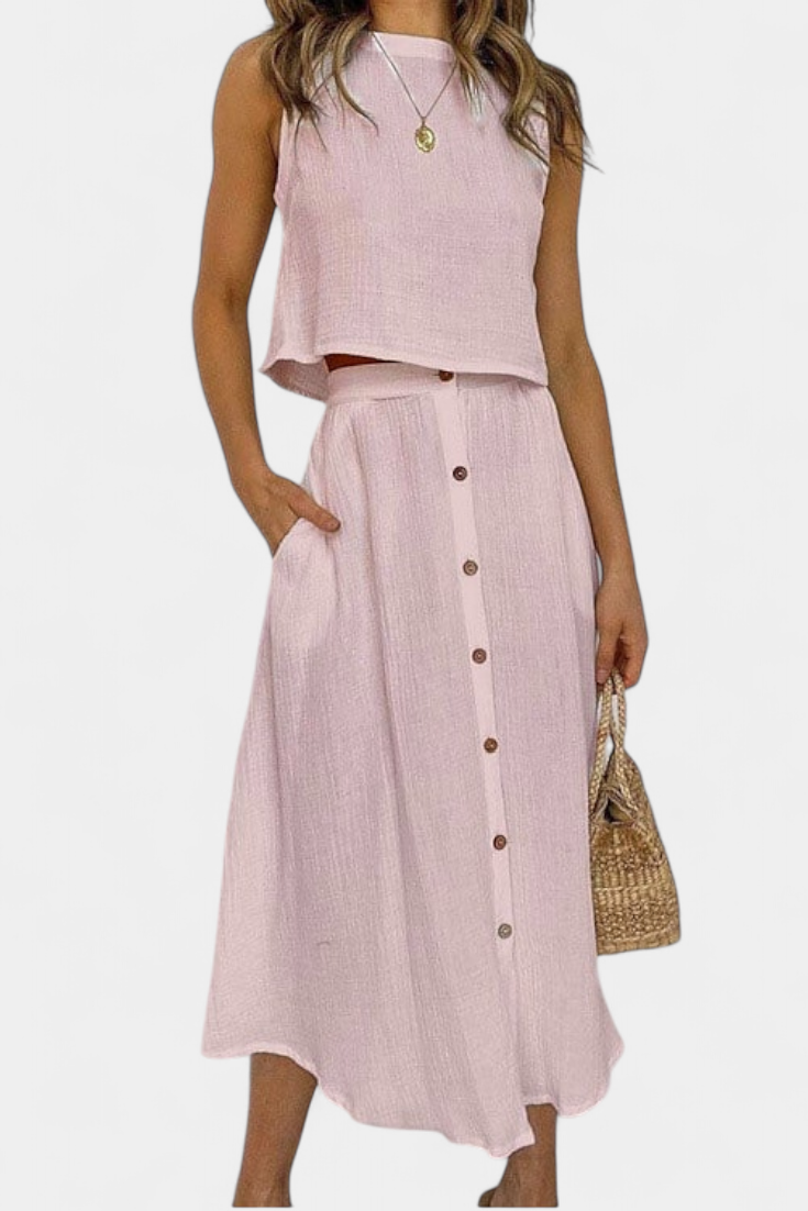 Nadia Casual Cotton Ensemble with Center Button Detail and Midi Skirt