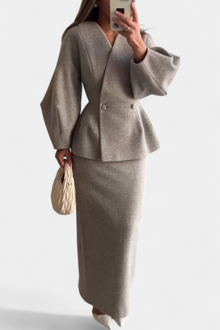 Sabina Chic Tailored Ensemble with V-Neck and Puff Sleeves