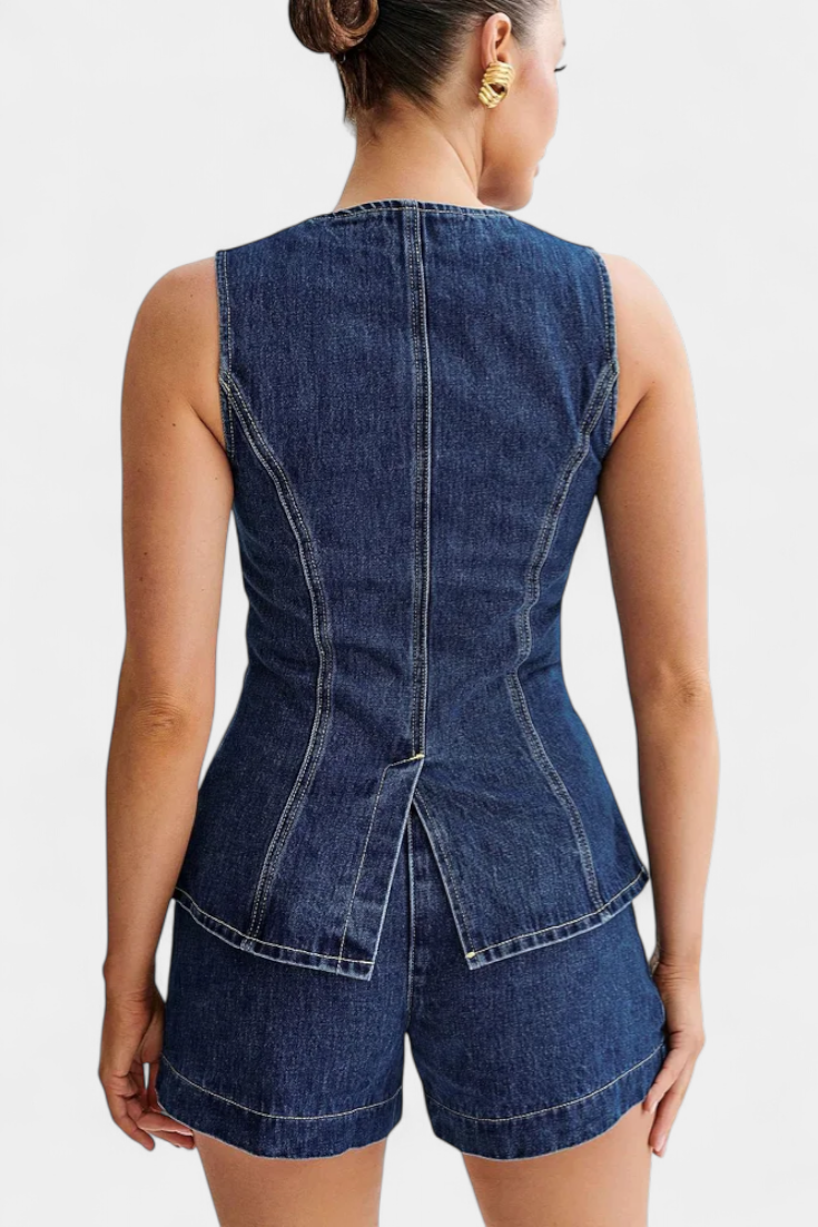Chiara Denim Ensemble: Sleeveless Jacket & High-Waisted Shorts