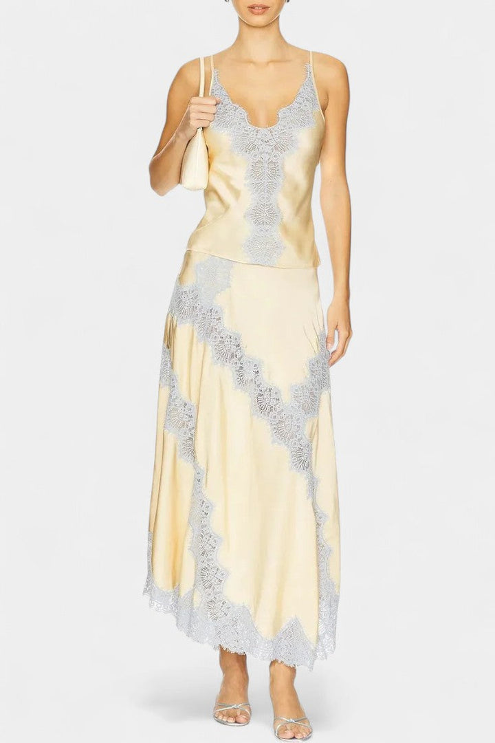 Matilde Satin and Lace Contrast Set with Flowing Midi Skirt
