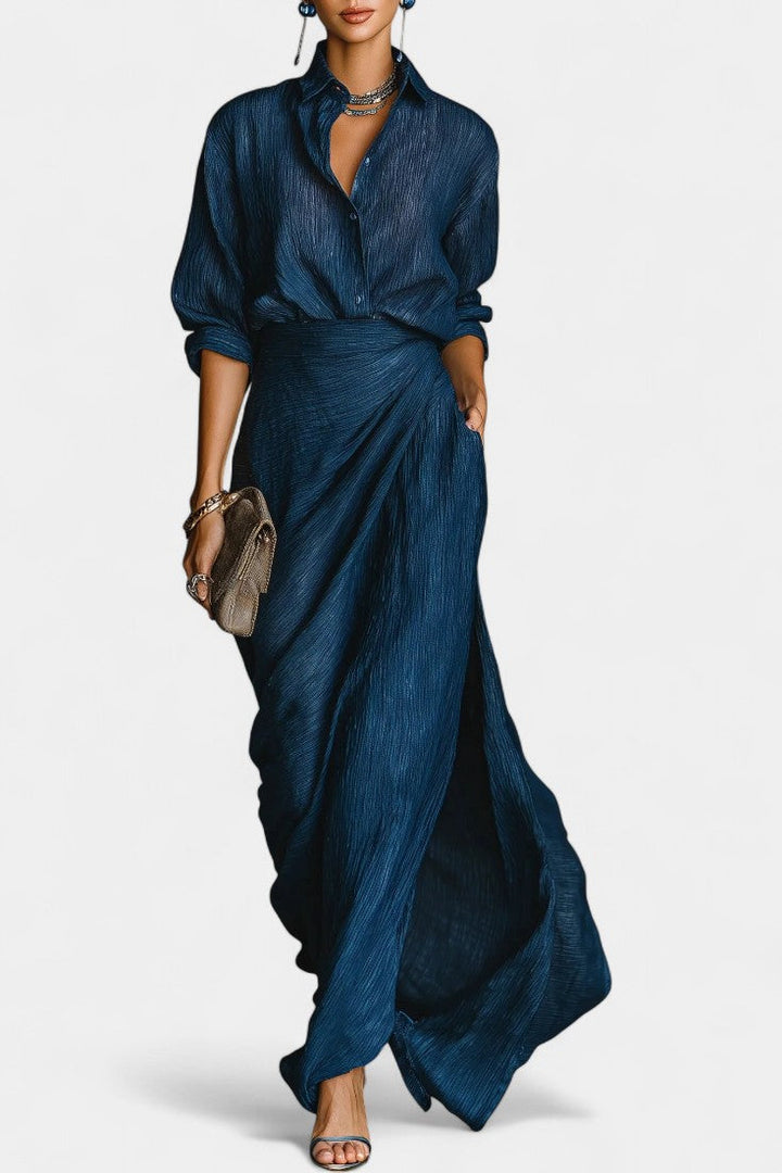 Romana Dark Blue Outfit Featuring a Light Shirt and Elegant Flowing Maxi Skirt