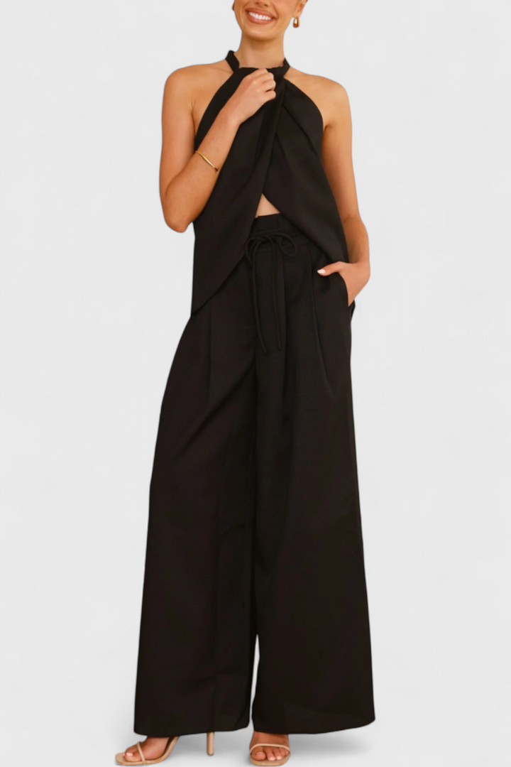 Lorena Linen Ensemble: Front Neckline Top with Wide Leg Pants