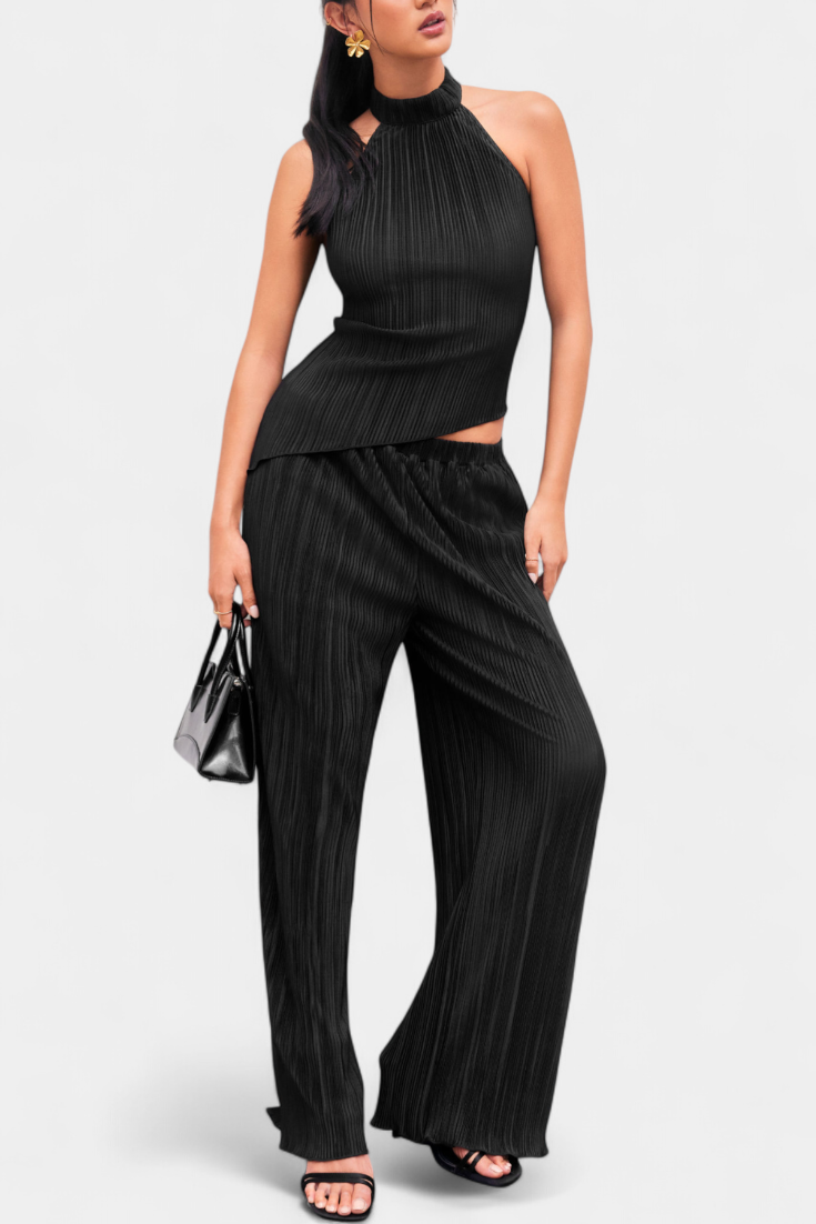 Nicoletta Halter Neck Asymmetrical Top with Wide-Leg Pants Set