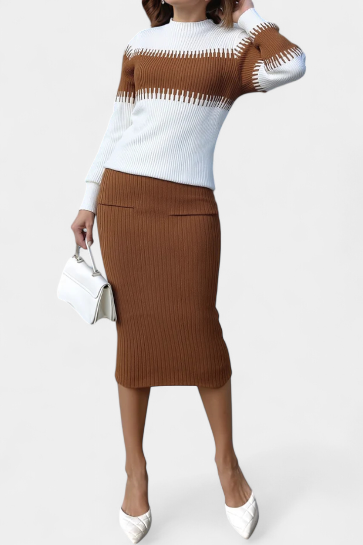 Giulietta Two-Tone Long Sleeve Midi Knit Dress Ensemble