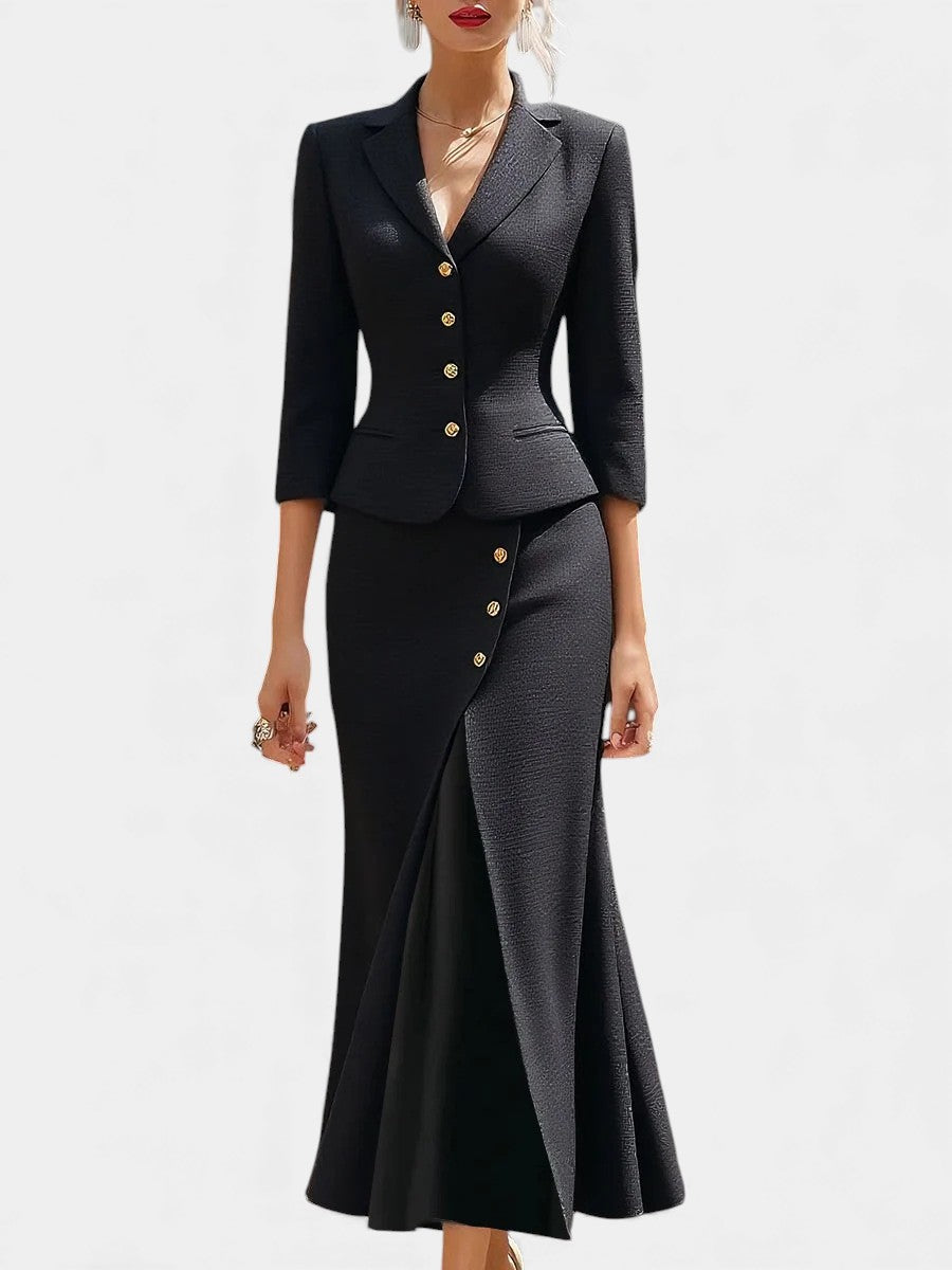 Veronica Chic Ecru Tailored Suit with Flowing Long Wrap Skirt