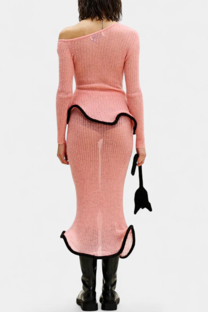 Ginevra Asymmetrical Knit Set with Ruffled Trim and Shimmering Midi Skirt