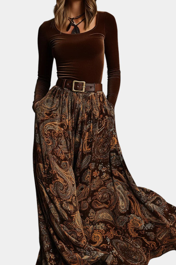 Flora Vintage Stretch Velvet Ensemble with Paisley Maxi Skirt