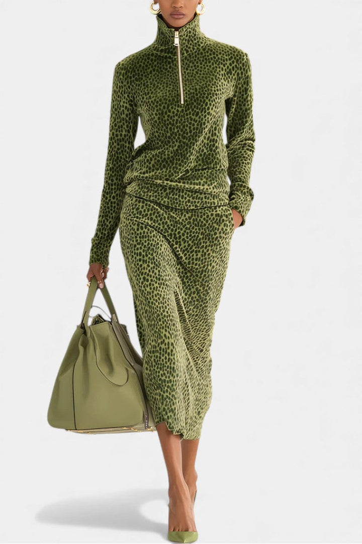 Federica Vintage Leopard Print High Collar Ensemble
