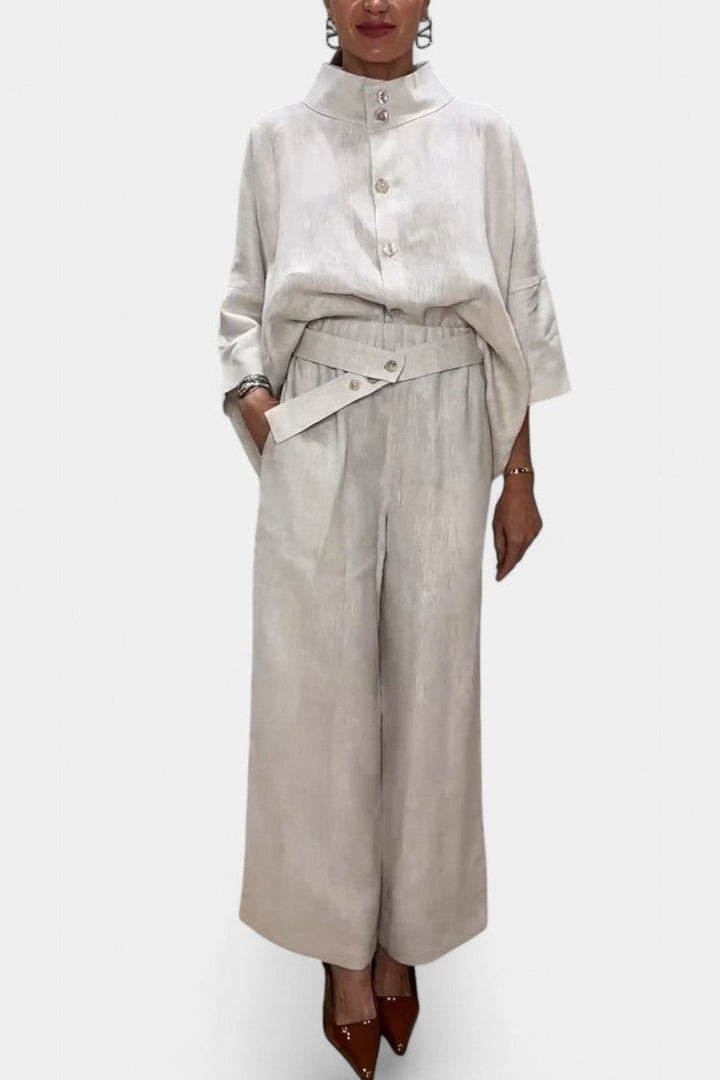 Ilenia High Neck Structured Ensemble with Asymmetrical Waist Trousers