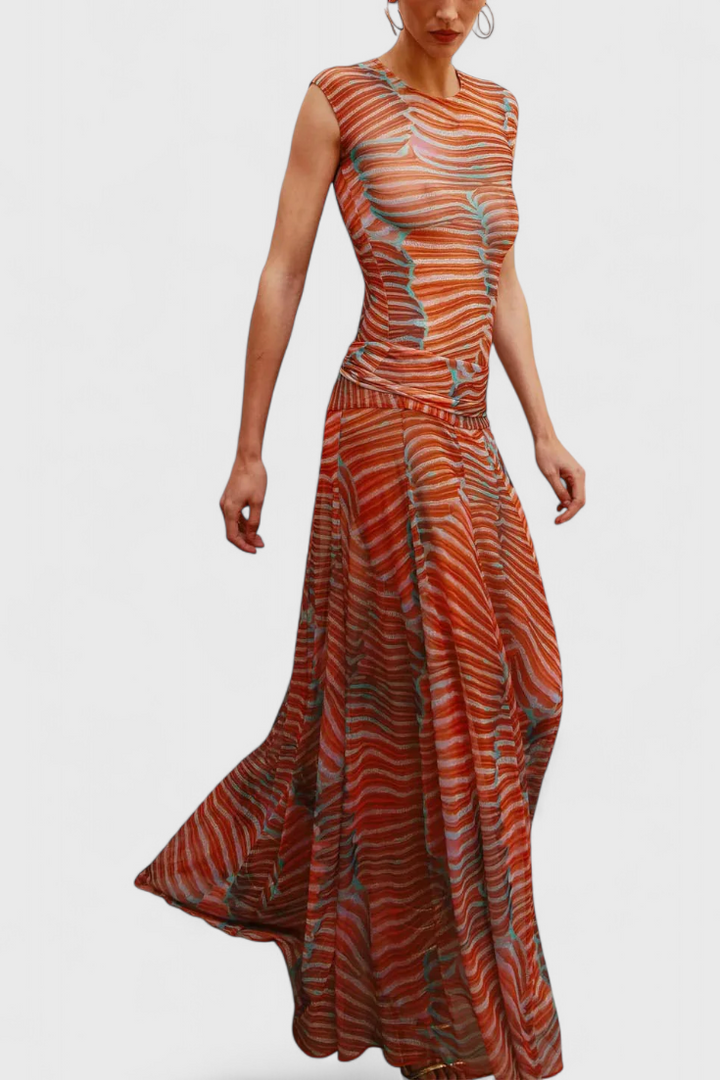 Giada Set in Vibrant Psychedelic Wave Print with Flowing Midi Skirt
