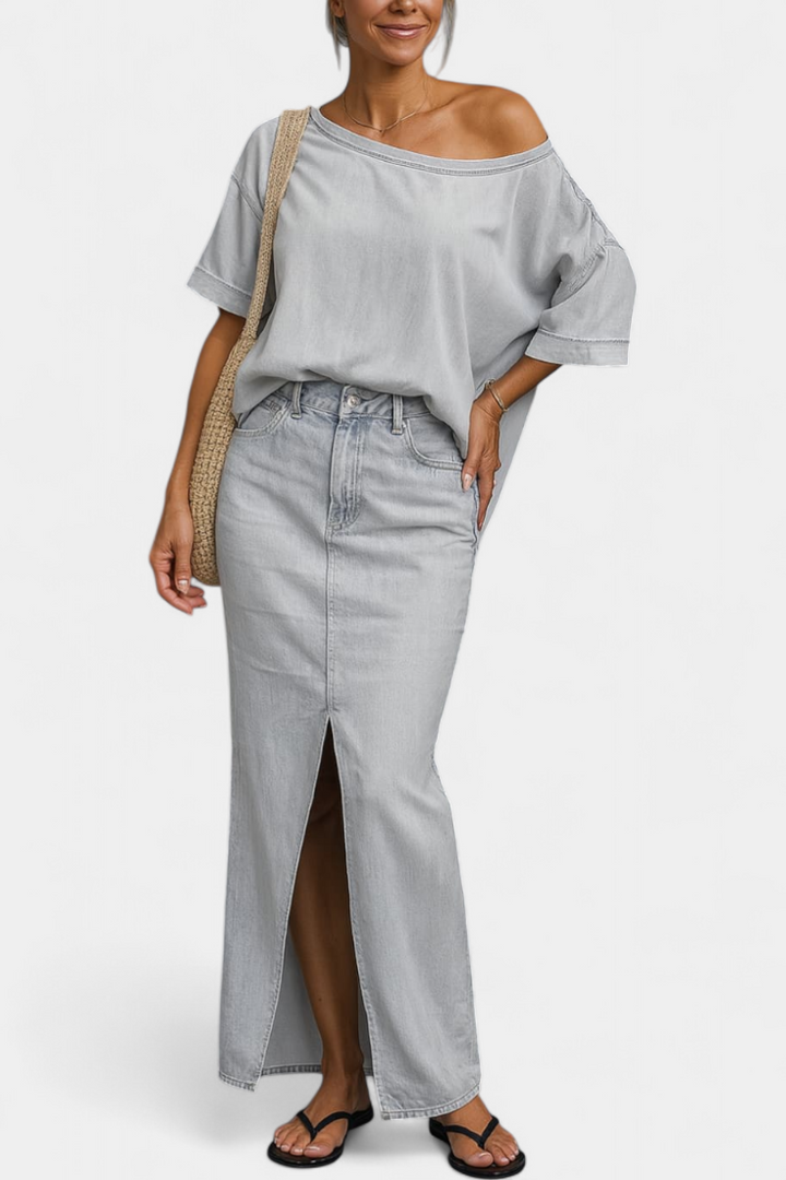 Perla Asymmetrical Denim Set with Long Skirt