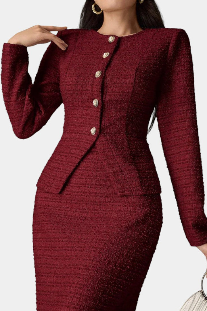 Raffaella Two-Piece Tweed Ensemble – Round Neck Blouse with Midi Mermaid Skirt