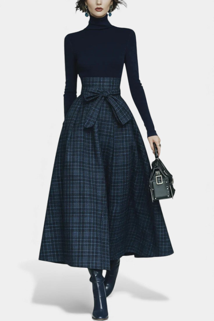 Viola Night Blue High Neck Set with Checkered Skirt