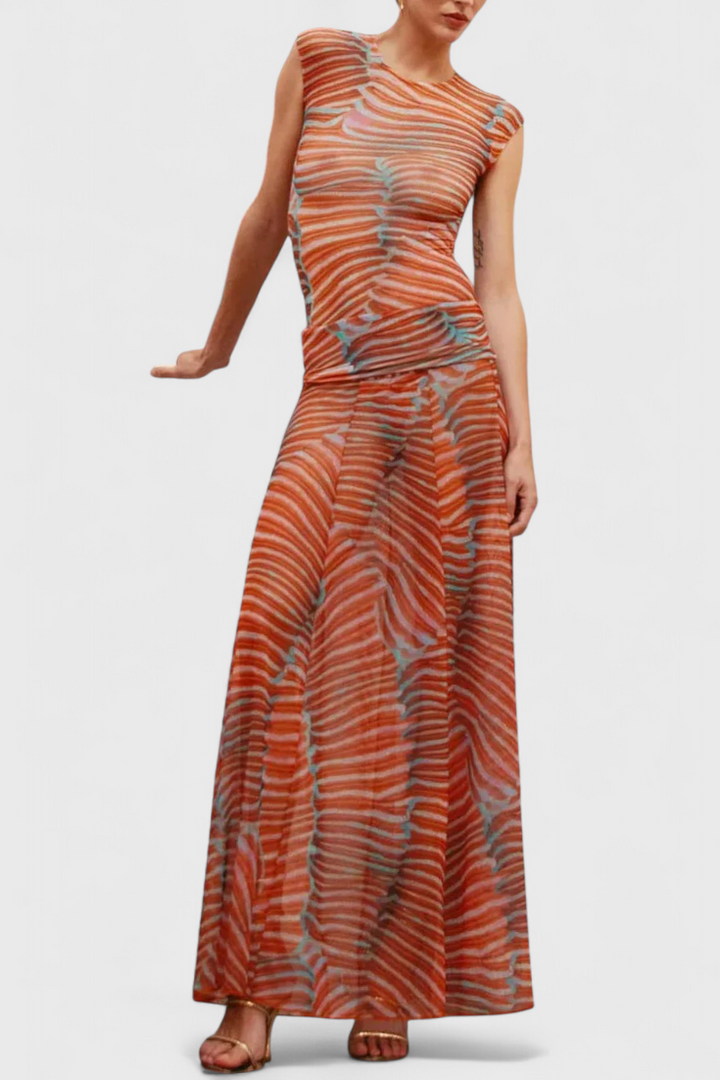 Giada Set in Vibrant Psychedelic Wave Print with Flowing Midi Skirt