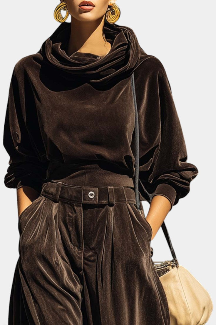Sabrina Vintage Brown Velvet Hooded Ensemble with Relaxed Pants