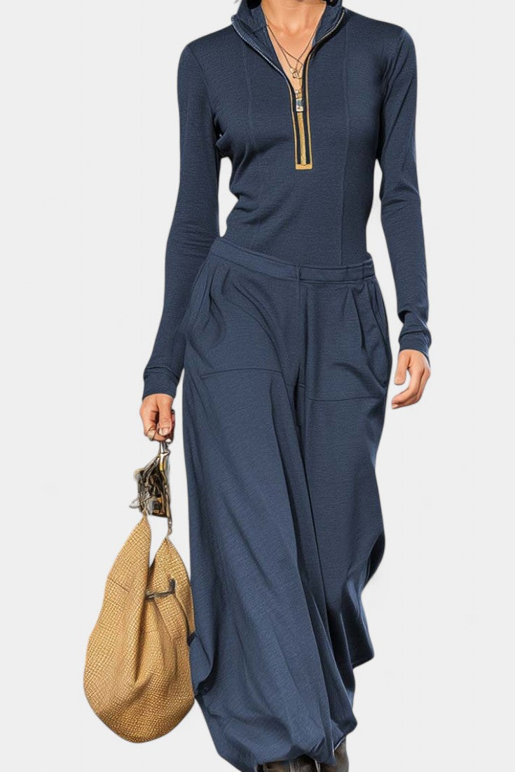 Sonia Dark Gray Set Featuring High Collar and Wide-Leg Trousers