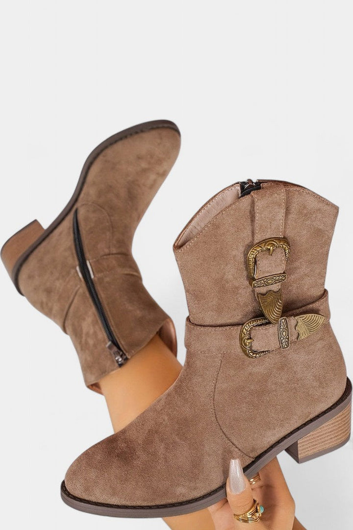 Western Style Suede Cristina Trail Boots with Metal Buckles
