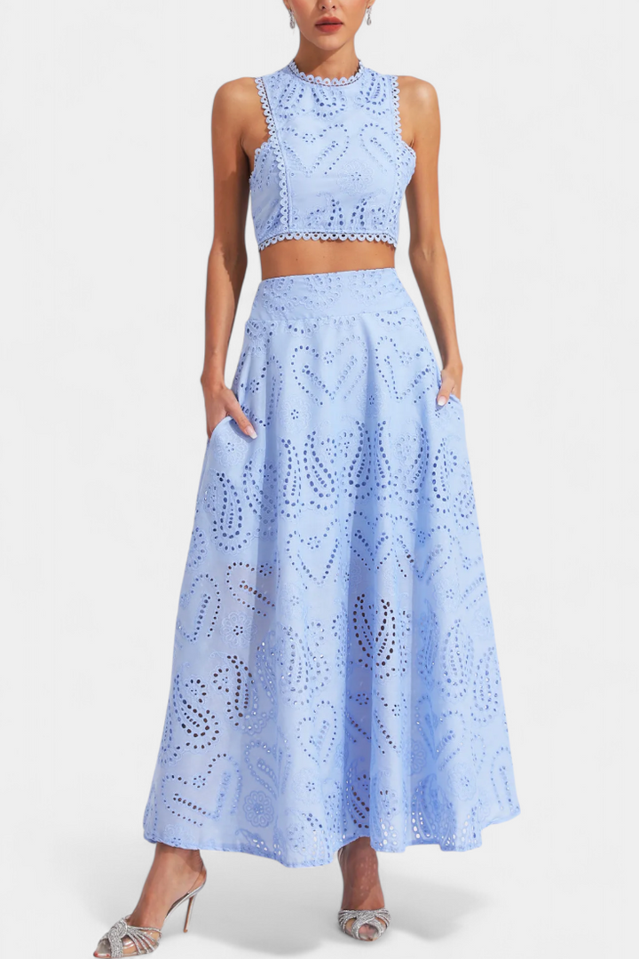 Sabina Floral Lace Two-Piece Set: Crop Top & Maxi Skirt