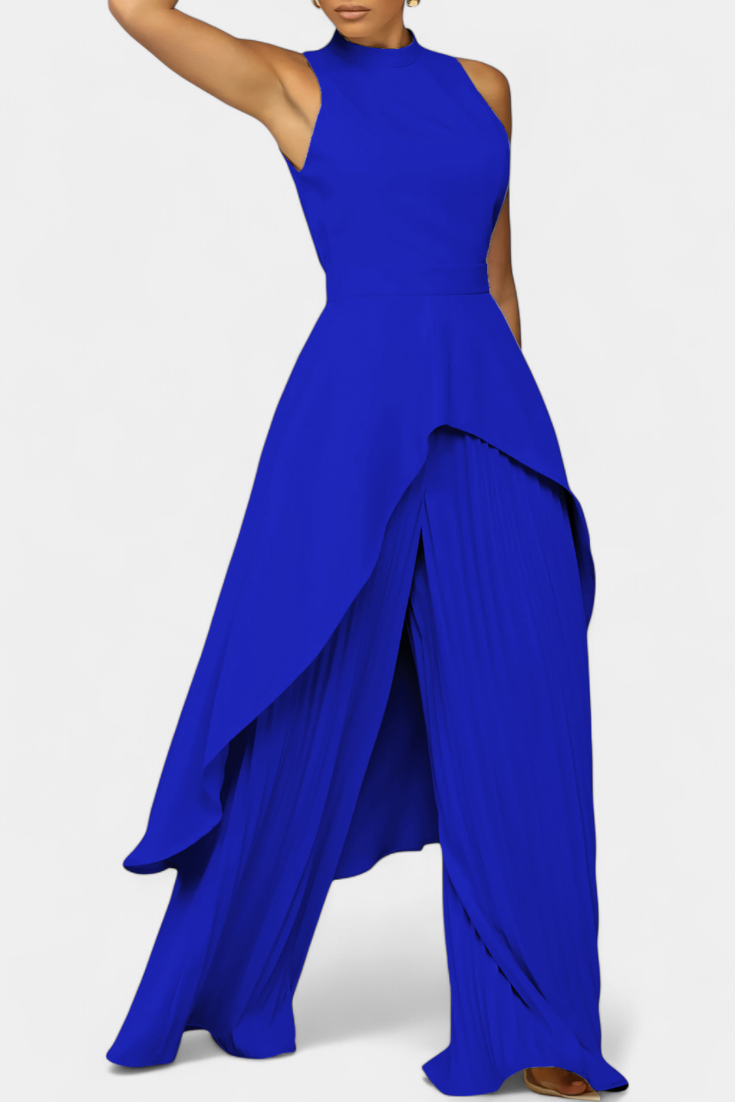 Greta Asymmetrical Sleeveless Outfit with Pleated Trousers