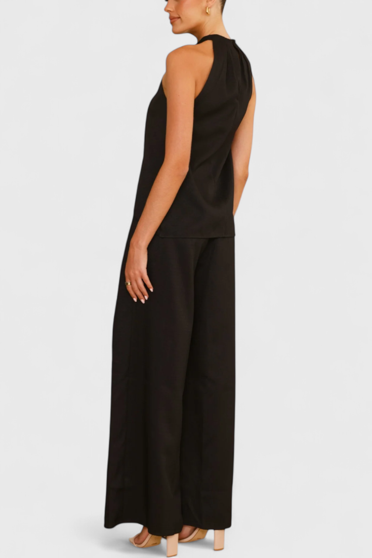 Lorena Linen Ensemble: Front Neckline Top with Wide Leg Pants