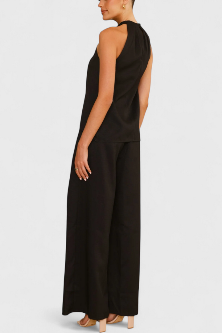 Lorena Linen Ensemble: Front Neckline Top with Wide Leg Pants