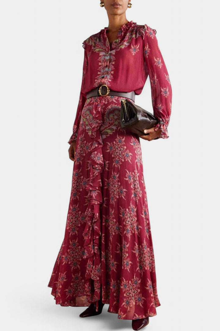 Bohemian Print Ruffled Chiffon Set by Ines
