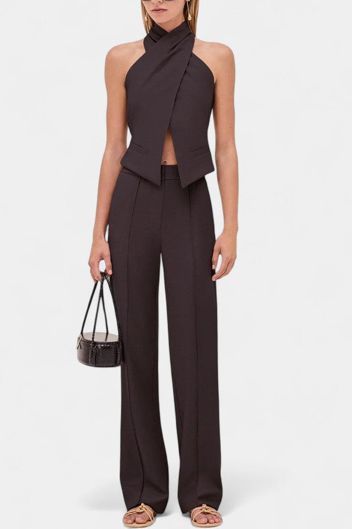 Fiorenza Cross-Strap Ensemble with Chic Straight-Leg Trousers