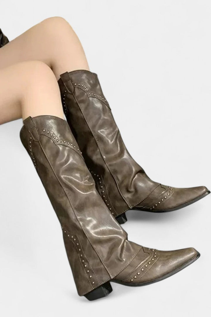 Emilia Pointed Toe High Heeled Boots with Vintage Metallic Accents