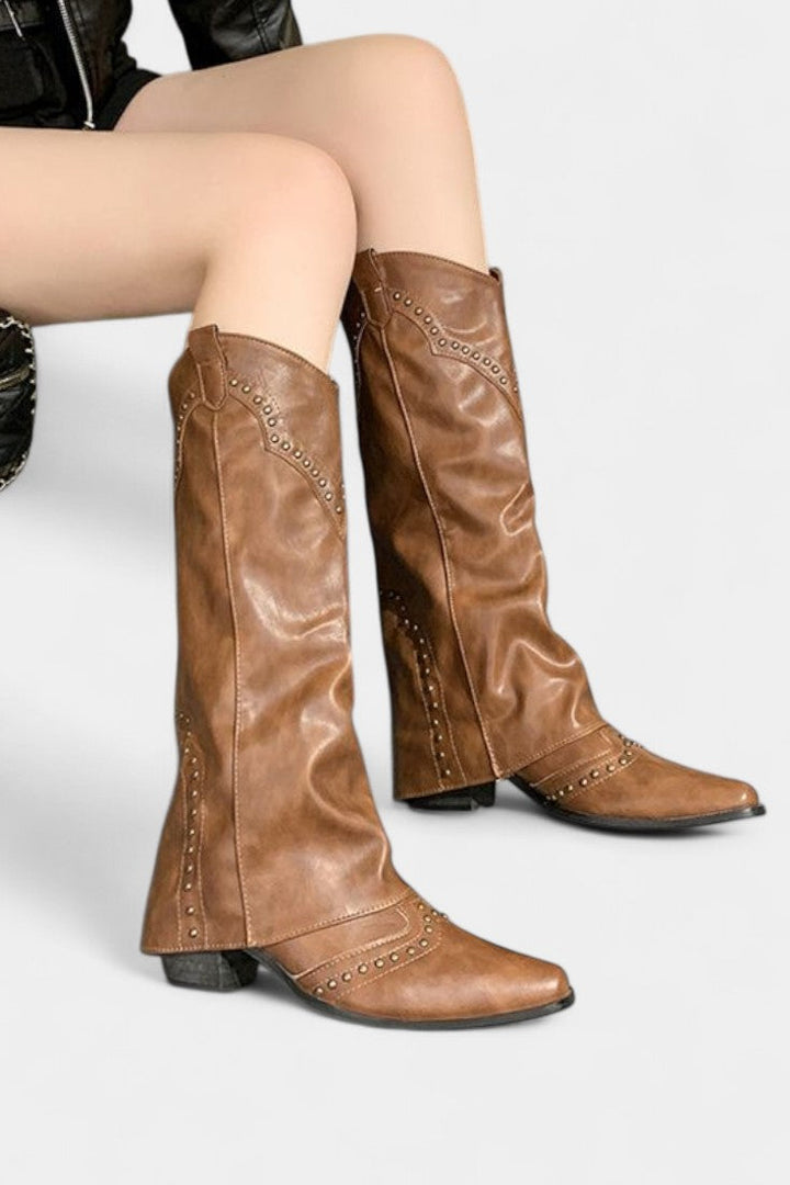 Emilia Pointed Toe High Heeled Boots with Vintage Metallic Accents