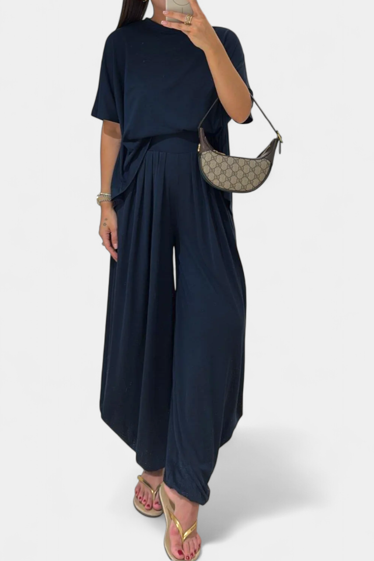 Gioia Minimalist Modal Ensemble: Straight Top & Wide-Leg Pants