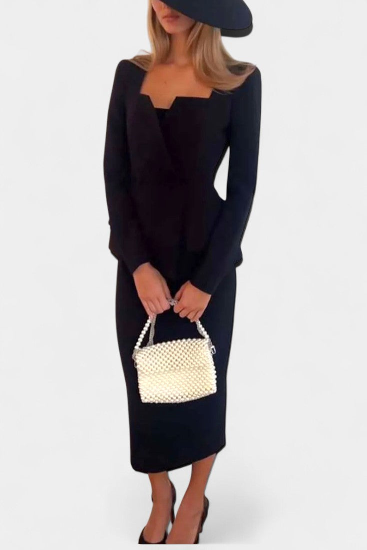 Olga Blazer Set with Square Collar and Flowing Long Skirt