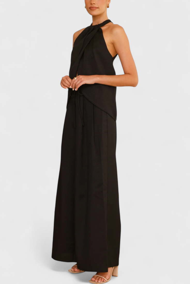 Lorena Linen Ensemble: Front Neckline Top with Wide Leg Pants