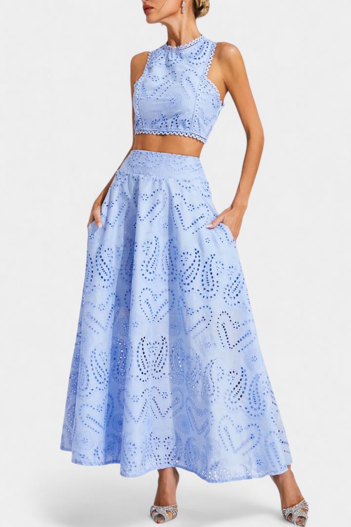 Sabina Floral Lace Two-Piece Set: Crop Top & Maxi Skirt