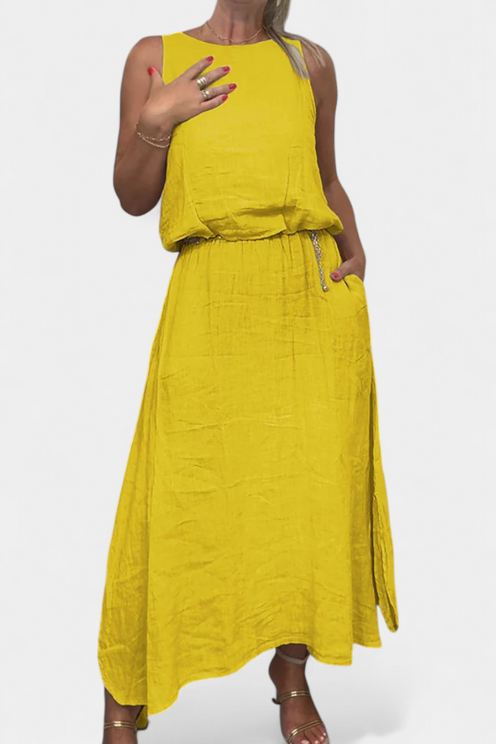 Martina Linen-Cotton Set with Sleeveless Vest and Maxi Skirt