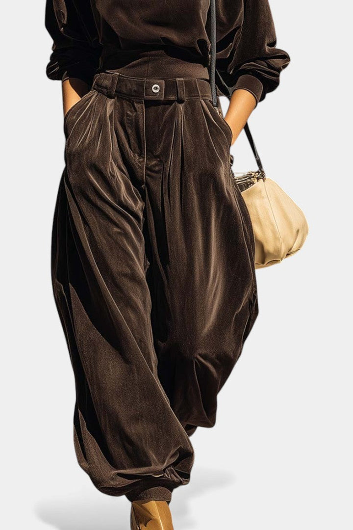 Sabrina Vintage Brown Velvet Hooded Ensemble with Relaxed Pants