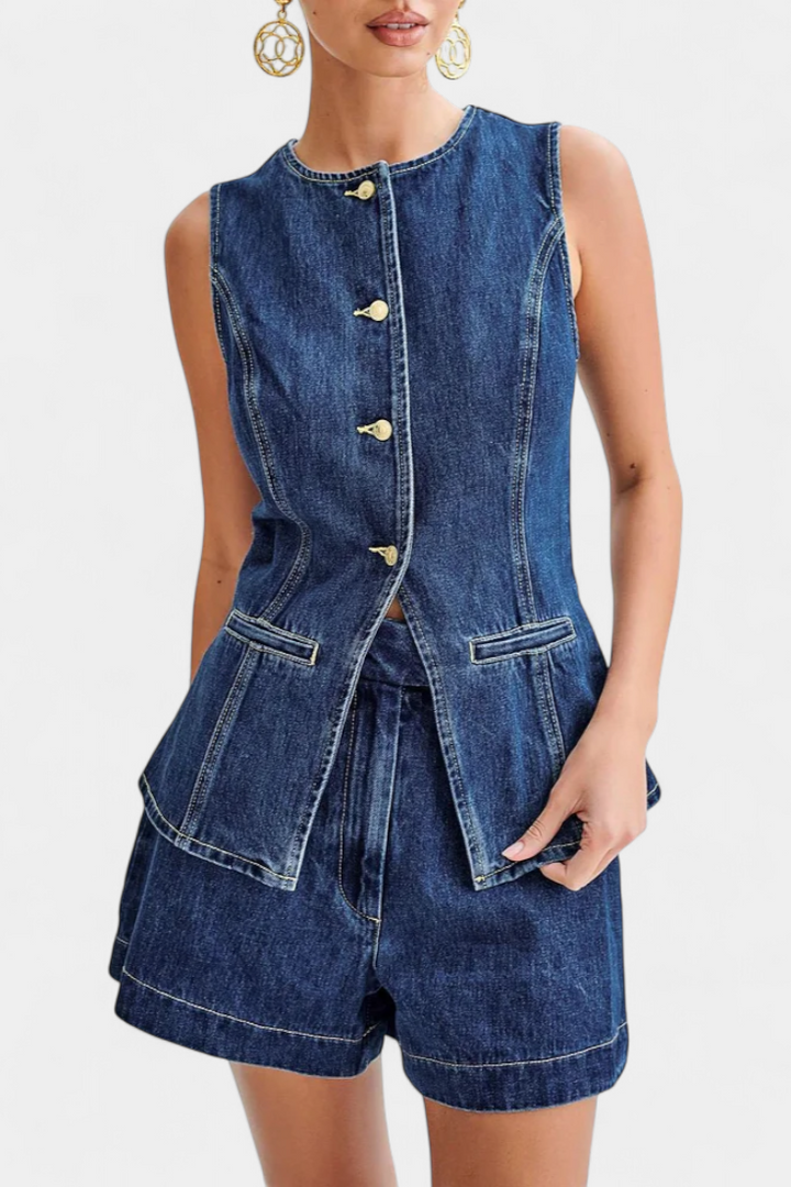 Chiara Denim Ensemble: Sleeveless Jacket & High-Waisted Shorts