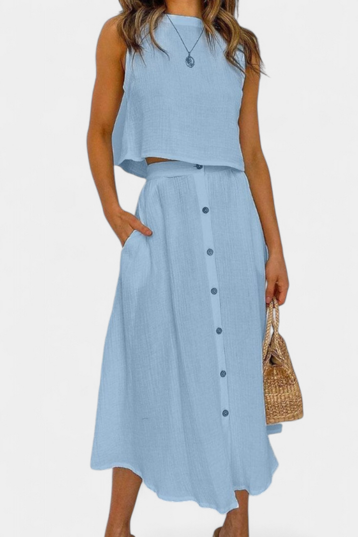 Nadia Casual Cotton Ensemble with Center Button Detail and Midi Skirt