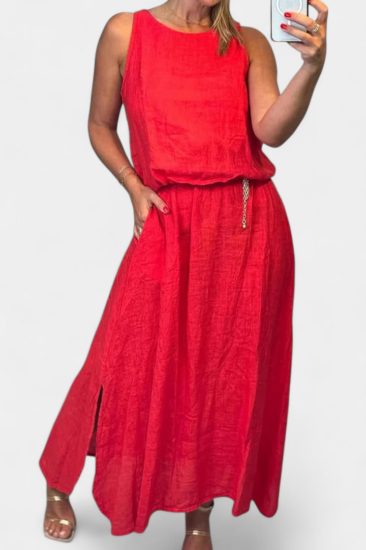 Martina Linen-Cotton Set with Sleeveless Vest and Maxi Skirt
