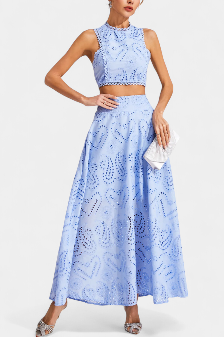 Sabina Floral Lace Two-Piece Set: Crop Top & Maxi Skirt