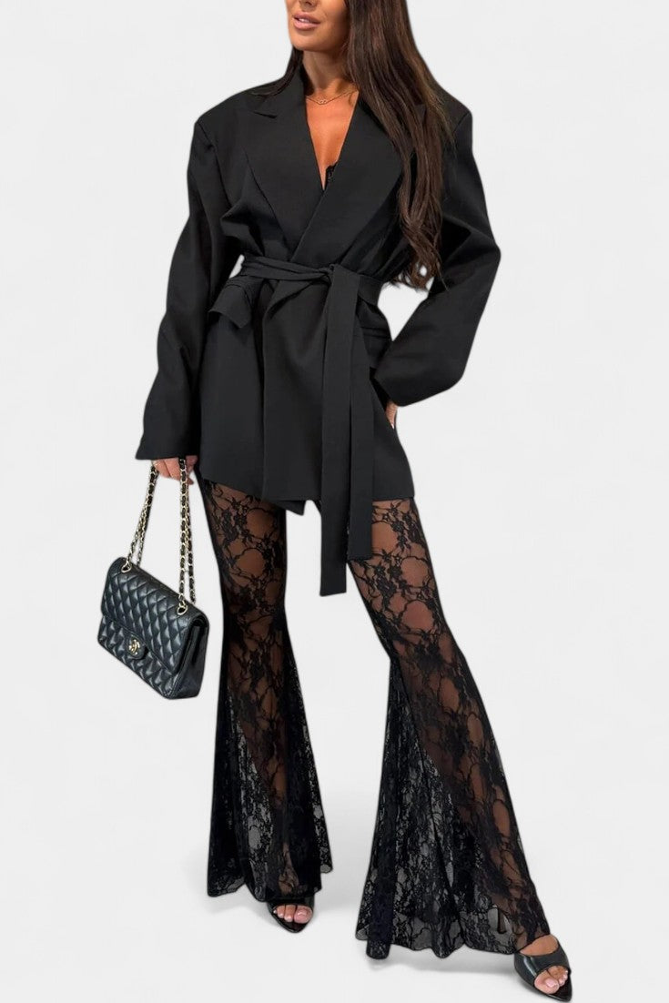 Lea Set: Belted Blazer with Floral Lace Mermaid Trousers