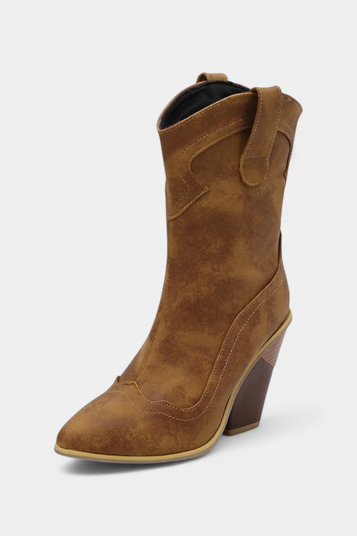 Soft Leather Western Ankle Boot with Pointed Toe and Chunky Heel