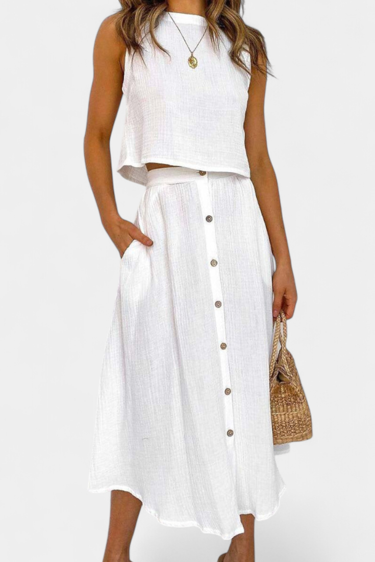 Nadia Casual Cotton Ensemble with Center Button Detail and Midi Skirt