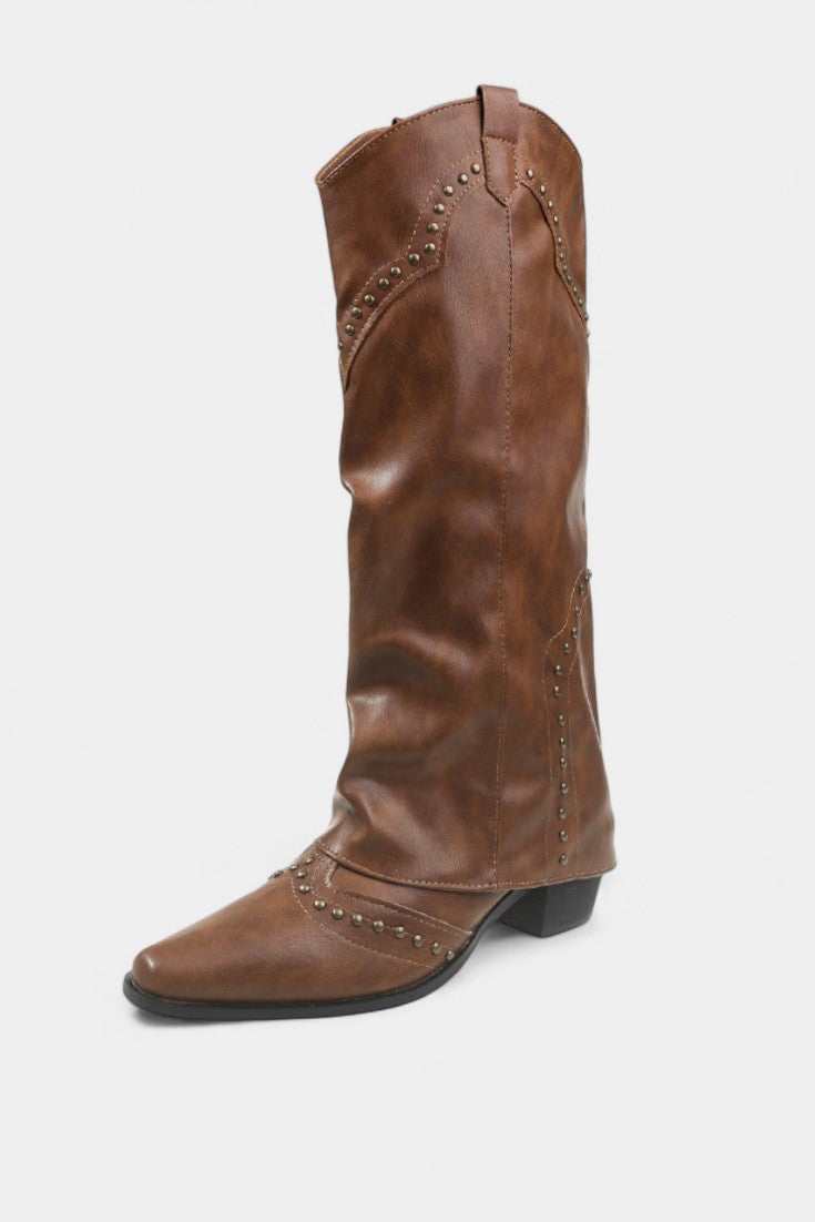 Emilia Pointed Toe High Heeled Boots with Vintage Metallic Accents