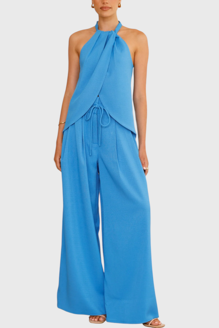 Lorena Linen Ensemble: Front Neckline Top with Wide Leg Pants