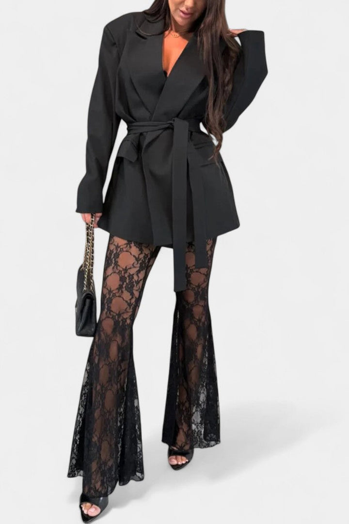 Lea Set: Belted Blazer with Floral Lace Mermaid Trousers
